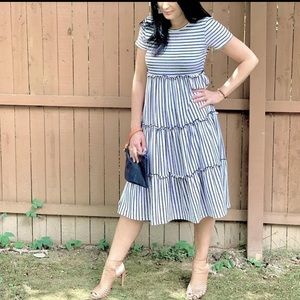 Vintage midi black and white striped ruffle dress